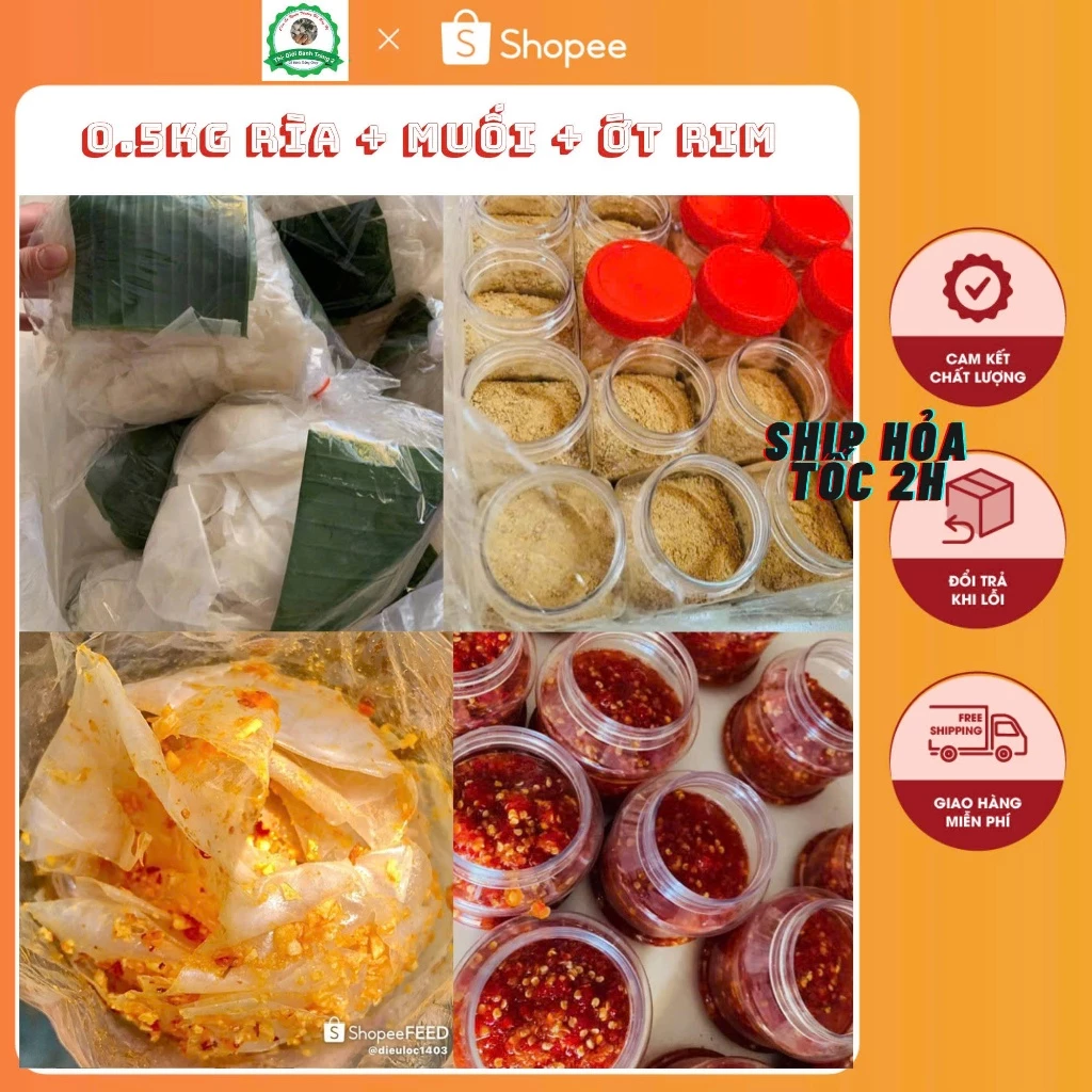 (3 món)Combo 0.5ky banh tráng rìa phơi sương + 100gr muối nhuyền+ 200gr ớt rim siêu cay